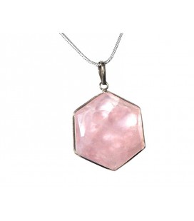 Pendentif 6 cotés cerclé argent quartz rose